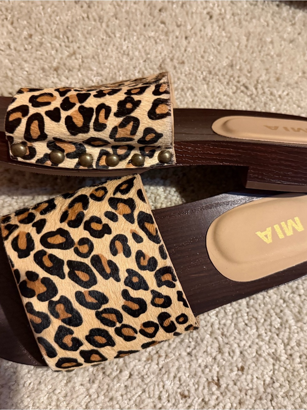 MIA Leopard-Print Slide Sandals with Stud Detail in Brown and Black